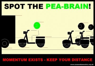 poster showing motor scooter following too close to vehicle in front... the rider has a green (pea-brain) coloured head