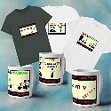 collection of t-shirts and mugs with road safety posters printed on front... from the print shop