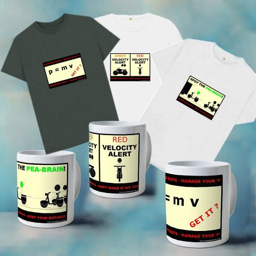 collection of t-shirts and mugs with road safety posters printed on front... from the print shop