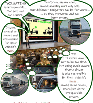 bubble-pic image of group of people in a lecture room, having tailgating explained to them from the pea-brain poster shown.