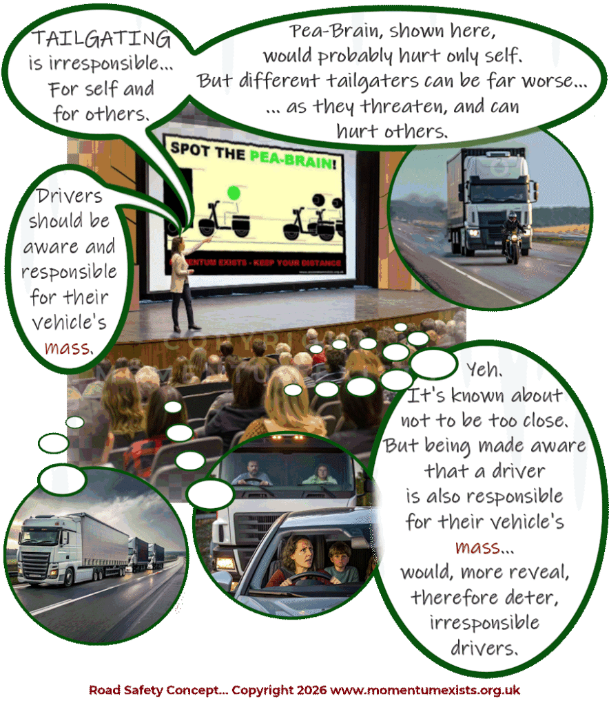 bubble-pic image of group of people in a lecture room, having tailgating explained to them from the pea-brain poster shown.