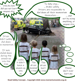 bubble-pic image of a family looking on to a car crashed into a street-side tree and commenting it was lucky it had not losts its momentum by crashing into them