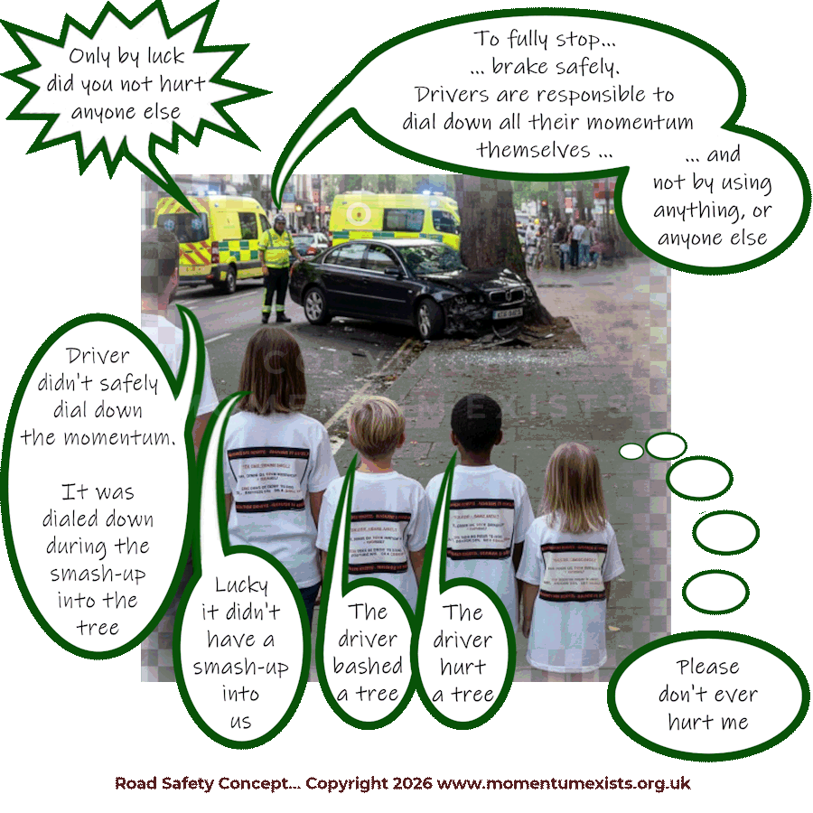 bubble-pic image of a family looking on to a car crashed into a street-side tree and commenting it was lucky it had not losts its momentum by crashing into them